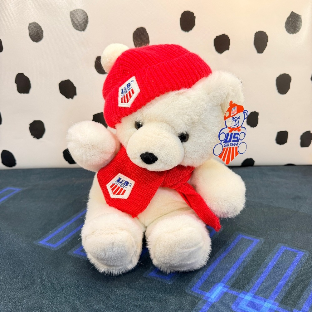 Commonwealth US Ski Team Plush White Red Vintage 1986 Beanie Scarf Bear
